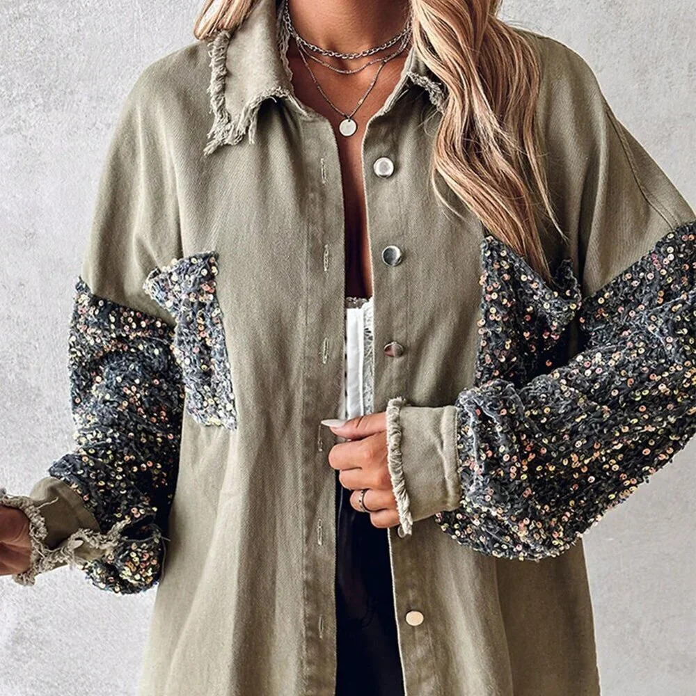 Khaki Party Women's Turn-Down Collar Contrast Sequin Raw Hem Button Down Shacket - Picture 5 of 5